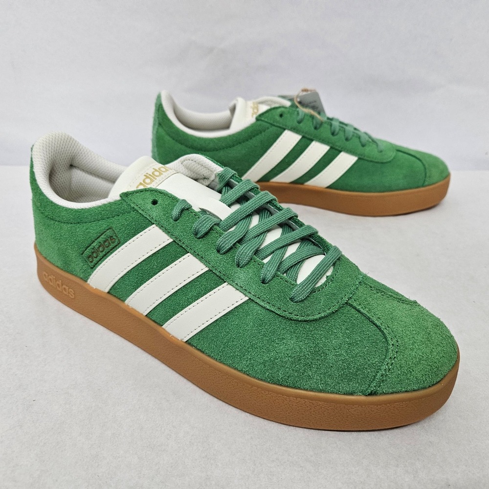 NWT Adidas Green Suede Sneakers with White Stripes and Gum Sole.